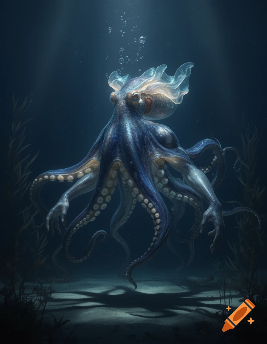 A majestic blue and white octopus-human hybrid creature swims in deep blue water, with human-like arms among its tentacles.
