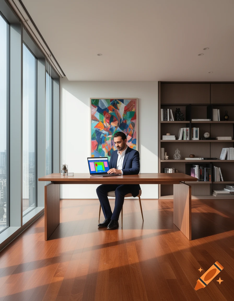 A man in a suit works on a laptop at a wooden desk in a modern office with large windows and an abstract painting.