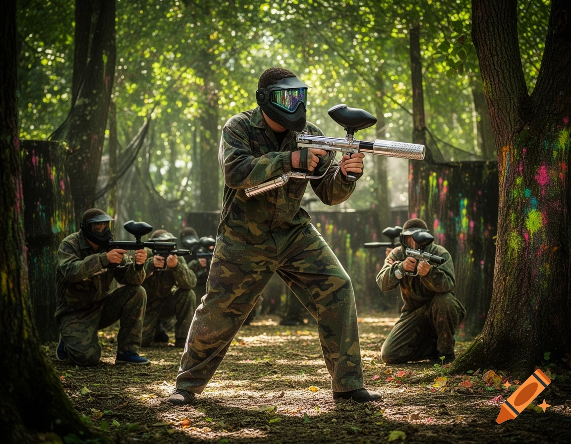 Paintball players in camouflage gear and masks pose with guns in a sun-dappled forest with colorful paint splatters.