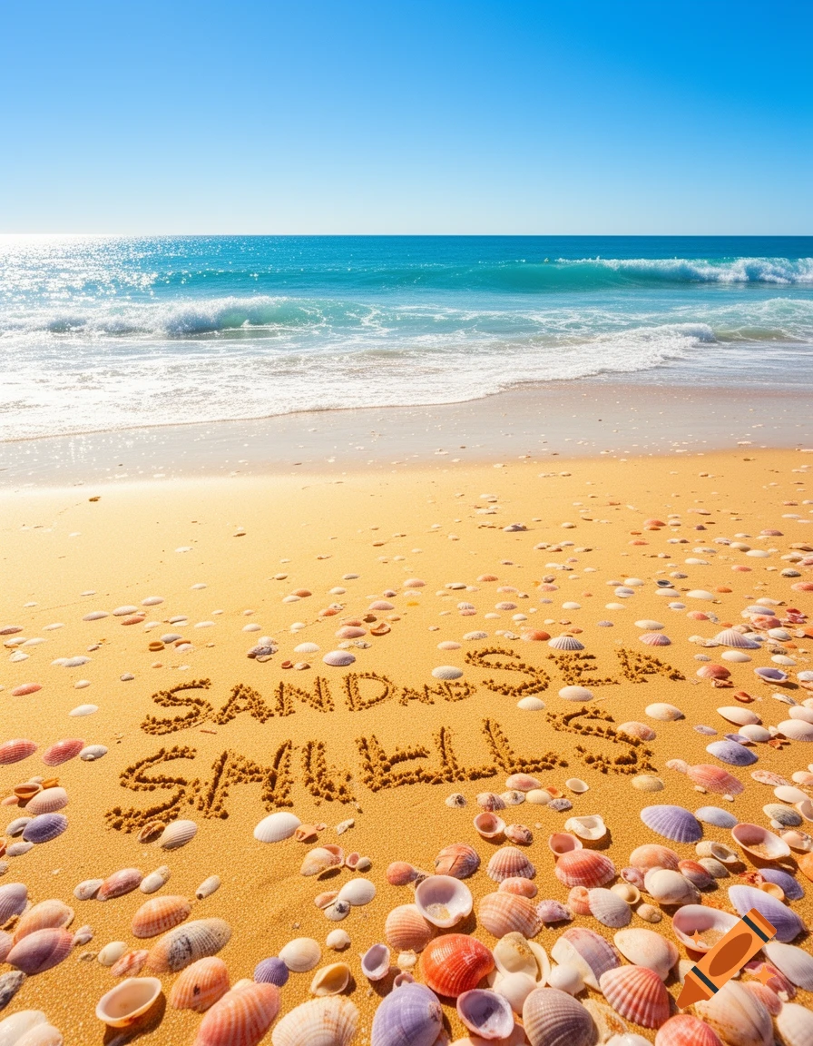 Photorealistic image of a sunny beach with 'SAND AND SEA SHELLS' written in the sand, surrounded by seashells and ocean waves.