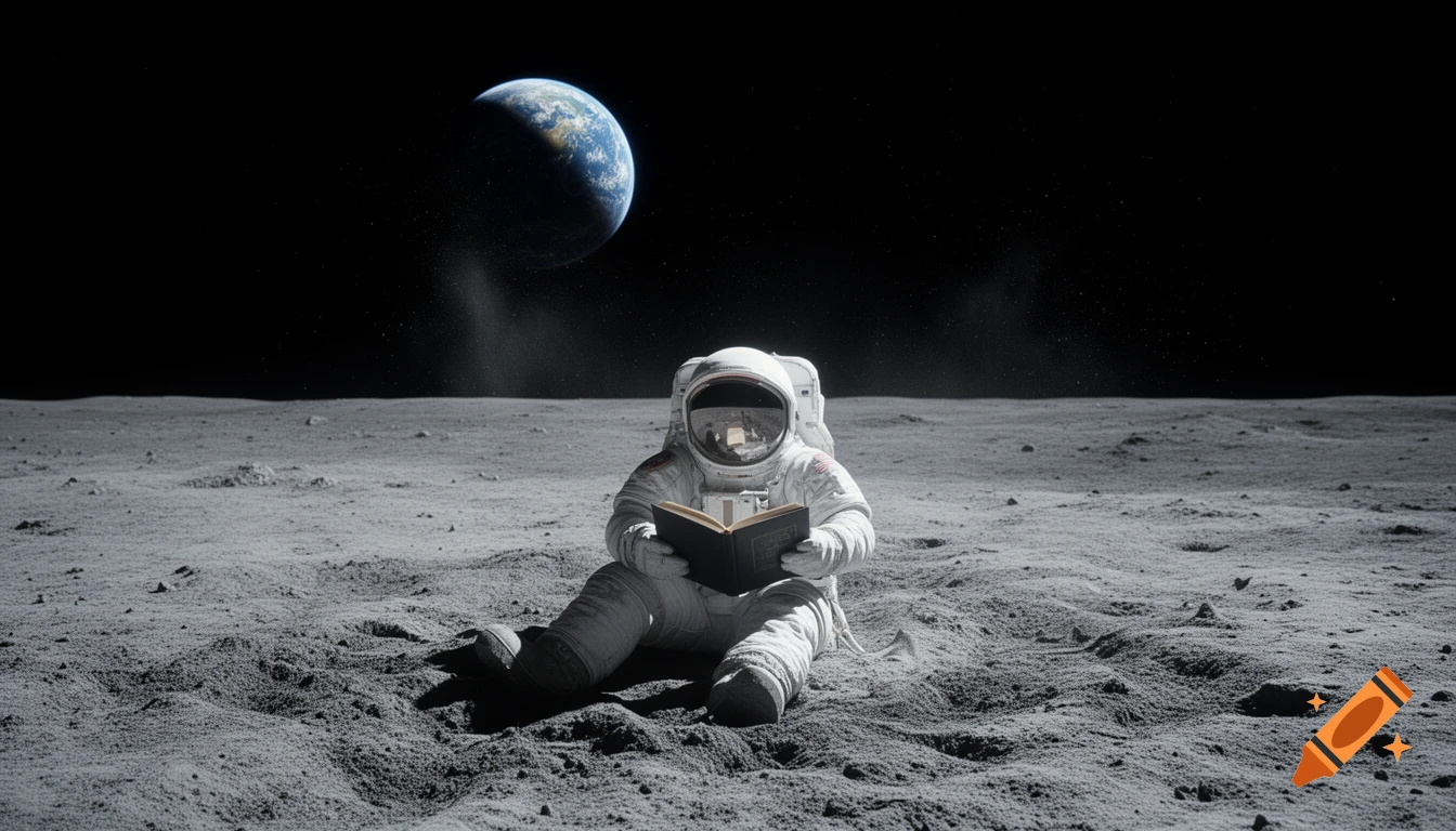 Photorealistic image of an astronaut sitting on the moon's surface, reading a book, with Earth visible in the distance.