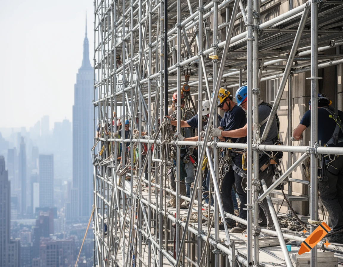 Construction workers on scaffolding high above a city with the Empire State Building in the background.