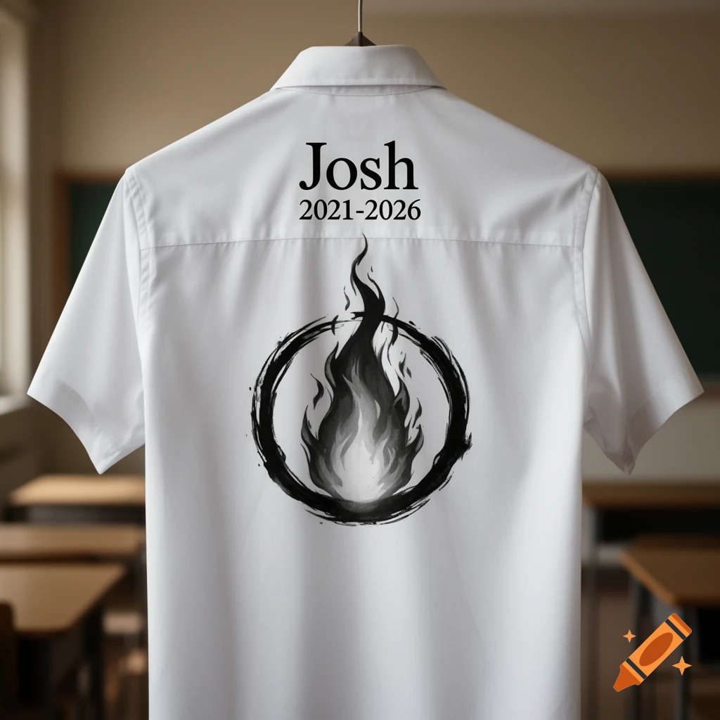 A white short-sleeved school shirt with "Josh 2021-2026" and a black and white flame design in a circle, hanging in a classroom.