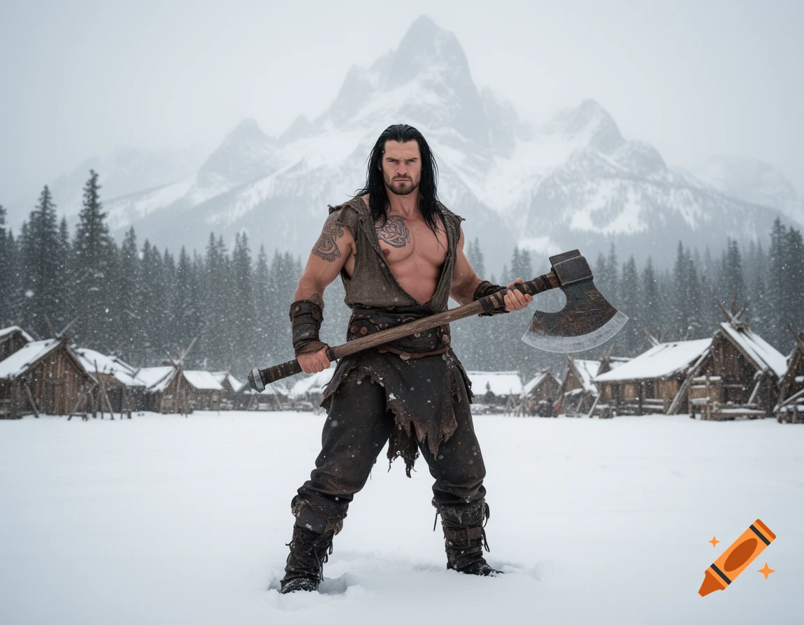 Muscular barbarian with long dark hair and tattoos, holding a large axe, stands in a snowy village with mountains.