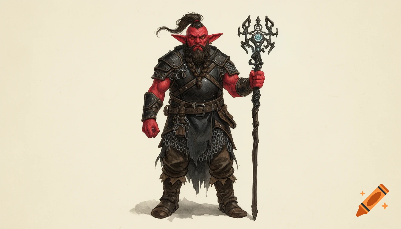 D&D style illustration of a red-skinned Hobgoblin Warlock in dark armor, holding a staff.
