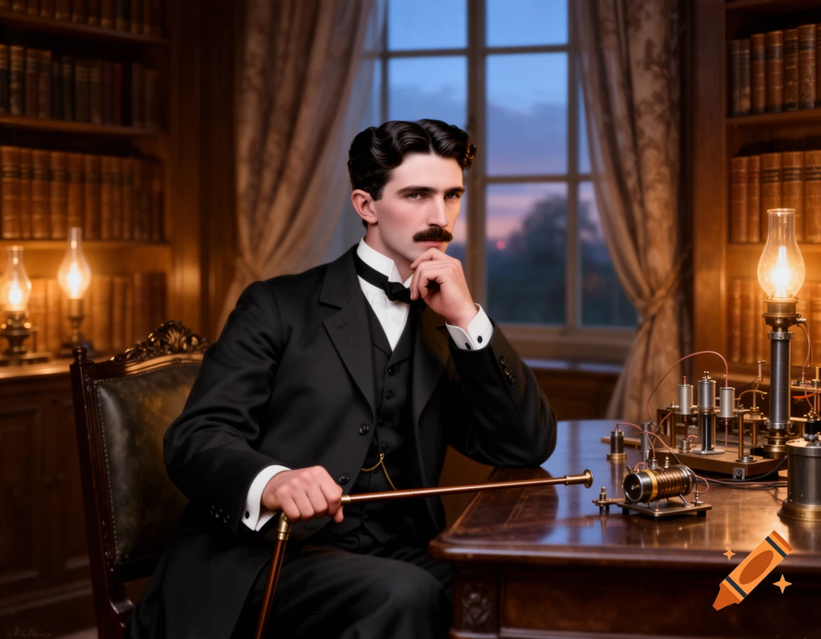 A photorealistic portrait of Nikola Tesla sitting at a wooden desk in a study, surrounded by books and scientific apparatus, deep in thought.