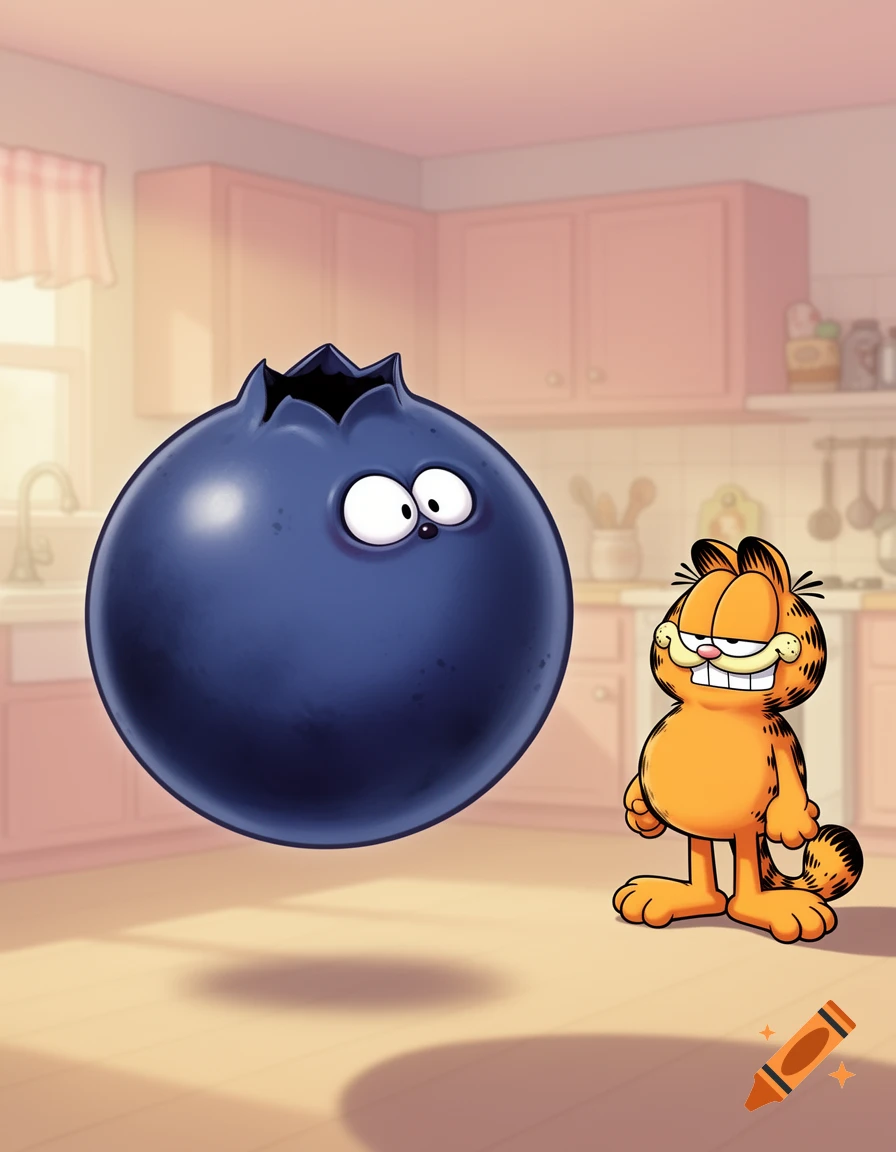 Cartoon Garfield stands next to a giant, floating blueberry with eyes in a kitchen.