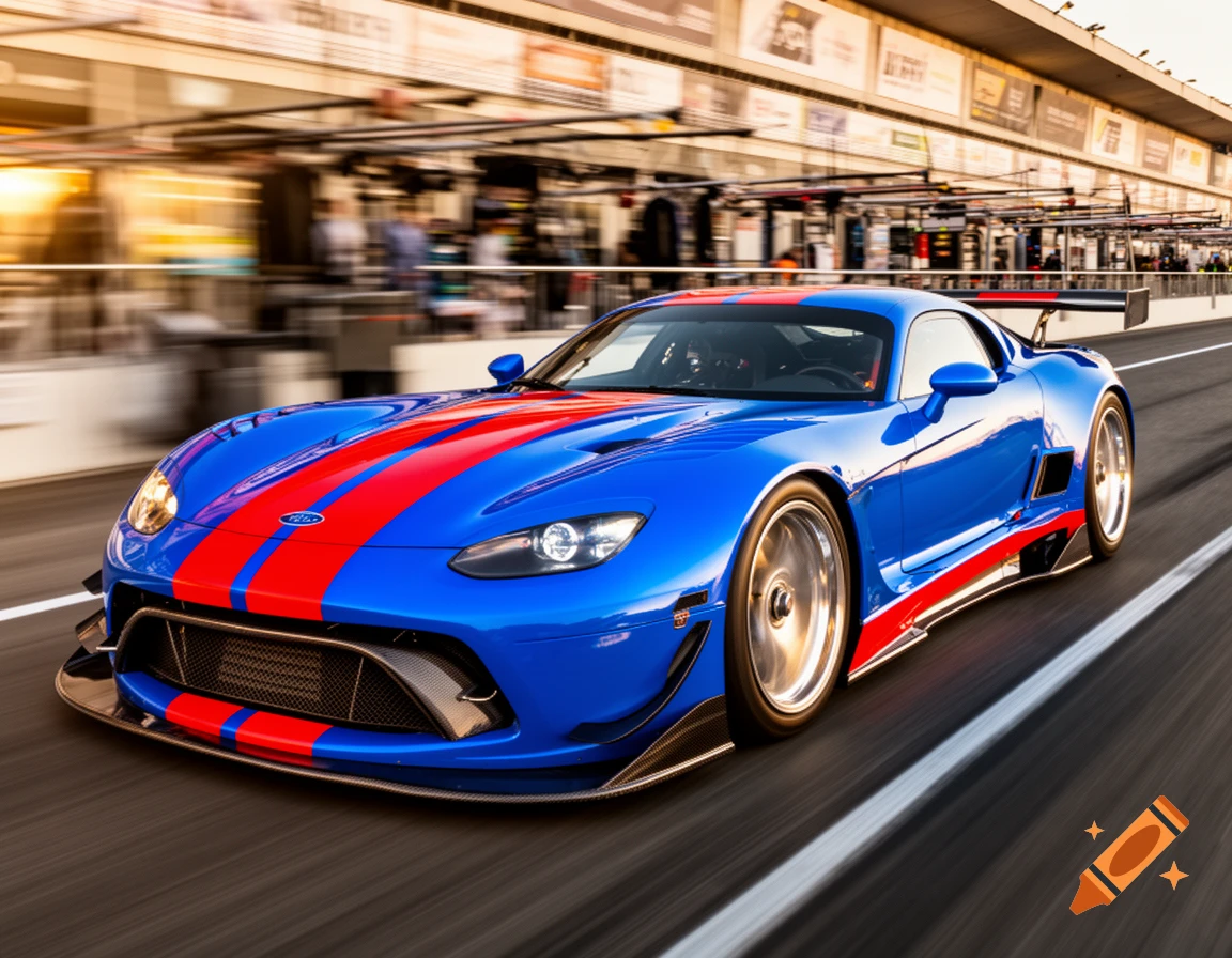 A blue race car with red stripes speeds down a track with motion blur in a photorealistic style.