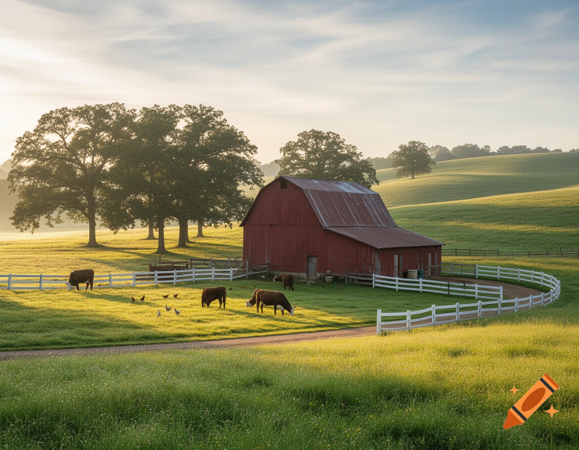 A sunlit farm scene with a red barn, white fence, grazing cows, and chickens on rolling green hills under a bright sky.