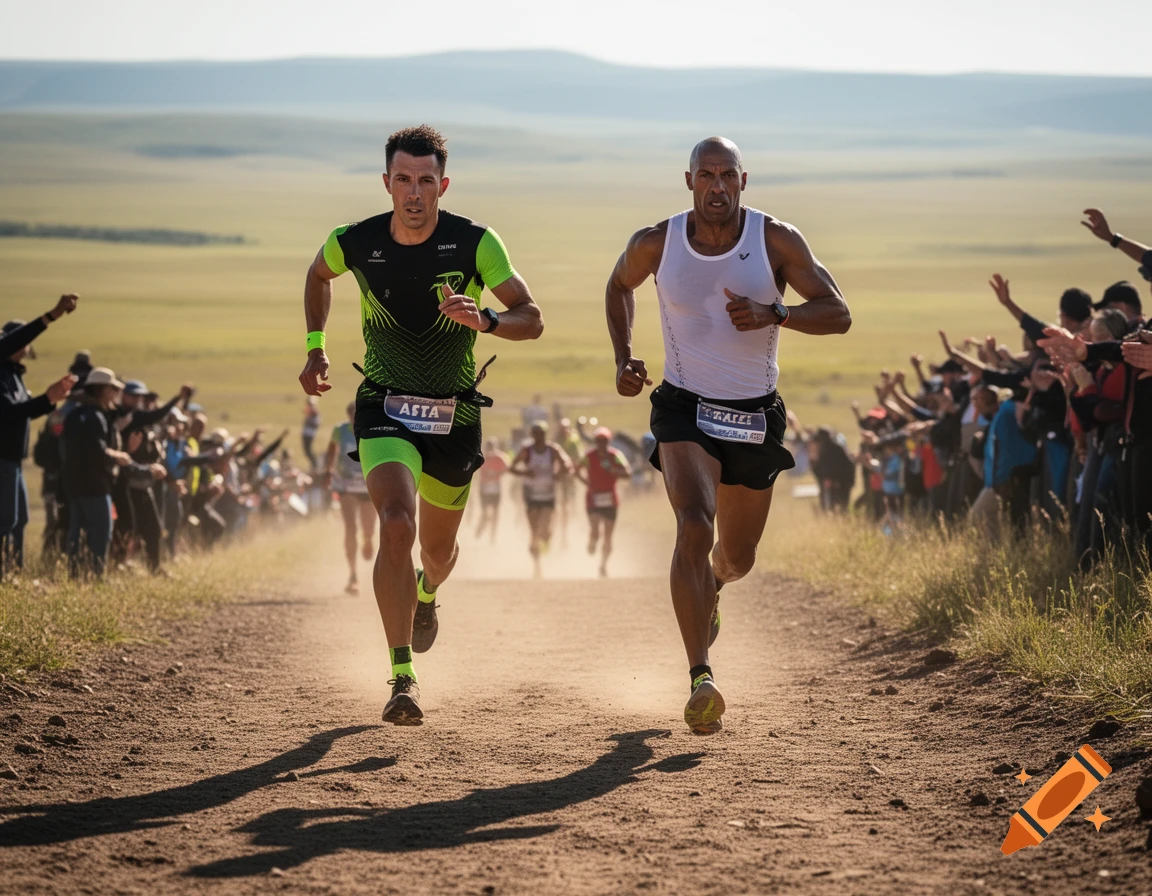 Two male marathon runners, one in green and one in white, run on a dirt path with spectators cheering. Photorealistic style.