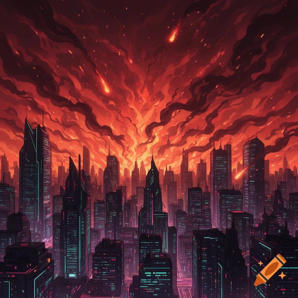 A dark, futuristic neon city skyline under a dramatic, fiery red and orange inferno sky with meteors falling, in an anime-inspired style.