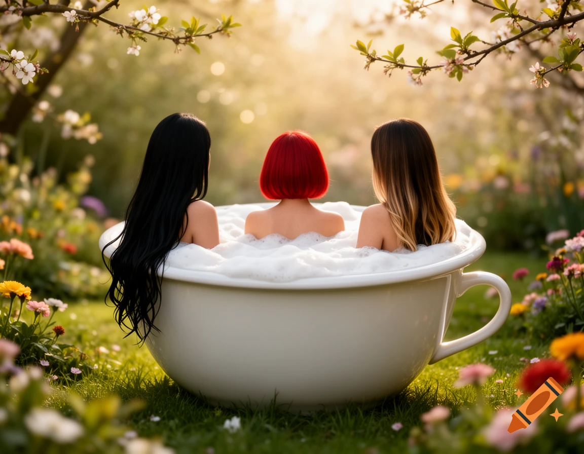 Three women from behind, bathing in a giant teacup of bubbles in a sunlit spring garden, photorealistic.