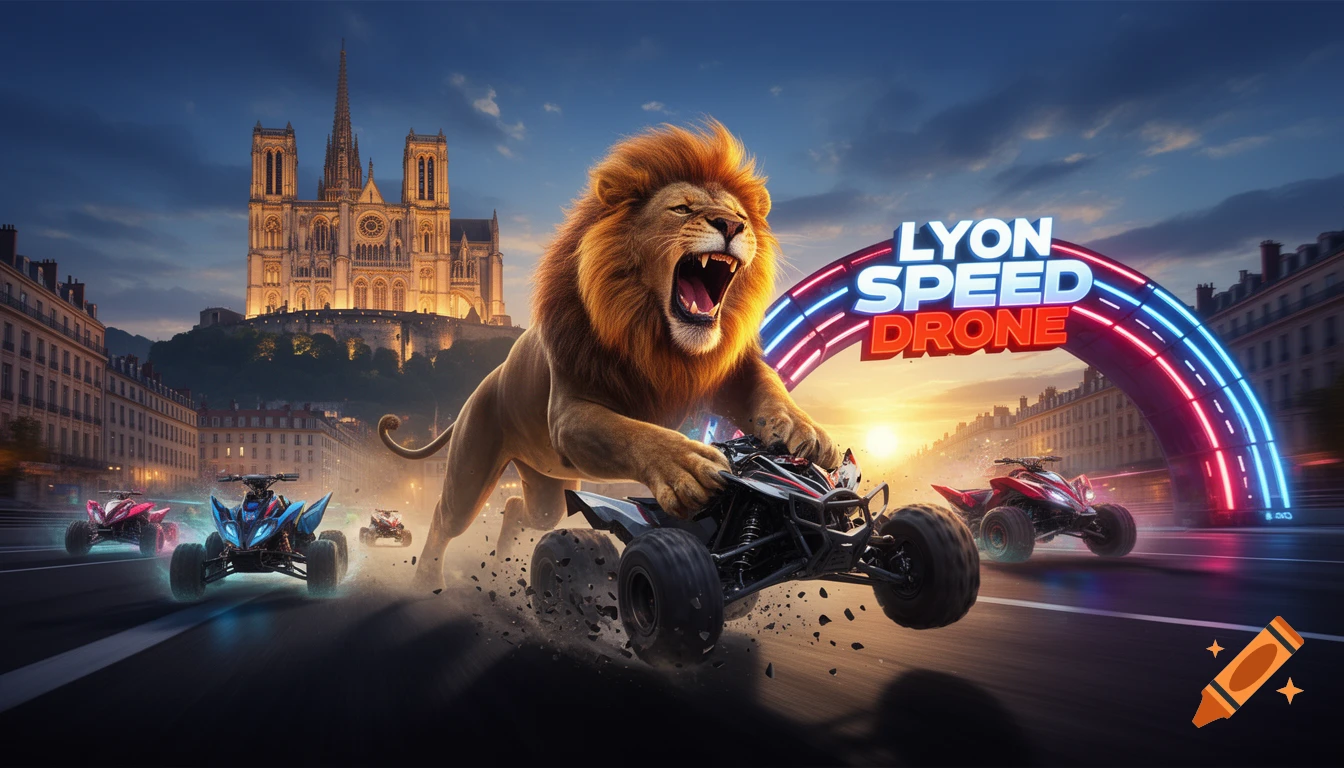 A roaring lion on a quad bike races past other quad bikes in a stylized Lyon cityscape with Fourvière Cathedral and a neon 'LYON SPEED DRONE' arch at sunset.