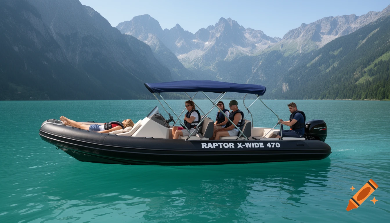 Photorealistic image of four people on a black inflatable boat with a blue canopy, on a turquoise alpine lake with mountains.