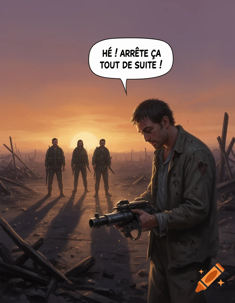 An illustration of a man with a weapon in a destroyed landscape at sunset, soldiers in background, and a speech bubble.