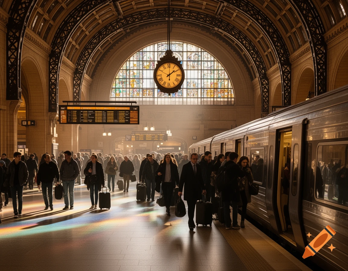 People walk and board a train in a grand, busy station with a large clock and stained glass window above.