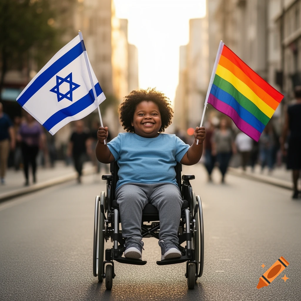 Smiling child in a wheelchair holding an Israeli flag and an LGBTQ+ rainbow flag in a sunny street.