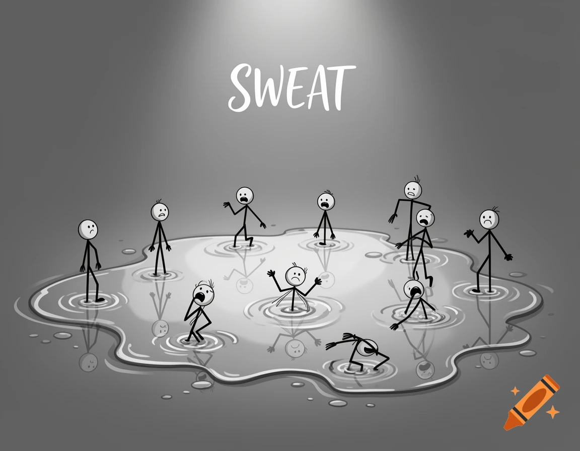 Black and white cartoon illustration of distressed stick figures standing in a large puddle labeled 'SWEAT', some waist-deep.