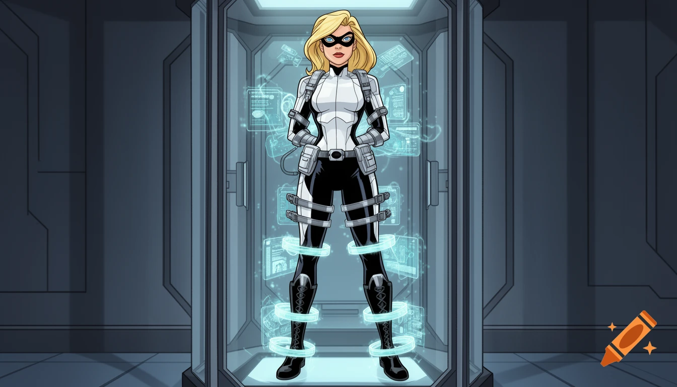 Blonde woman in black and white tactical suit and mask stands in a futuristic sci-fi containment chamber with blue glowing holograms, animated style.