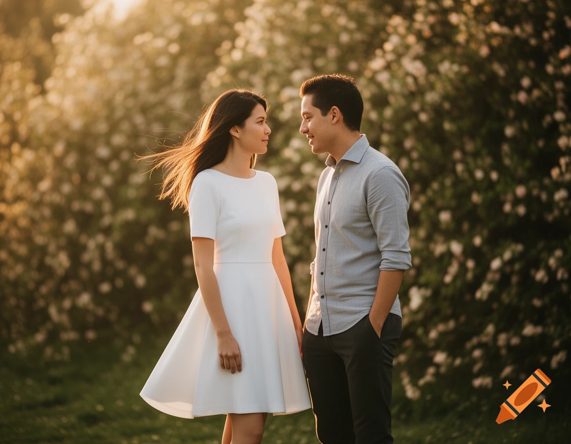 A young couple stands facing each other in a sunlit garden with blooming bushes. The woman wears a white dress, the man a grey shirt.