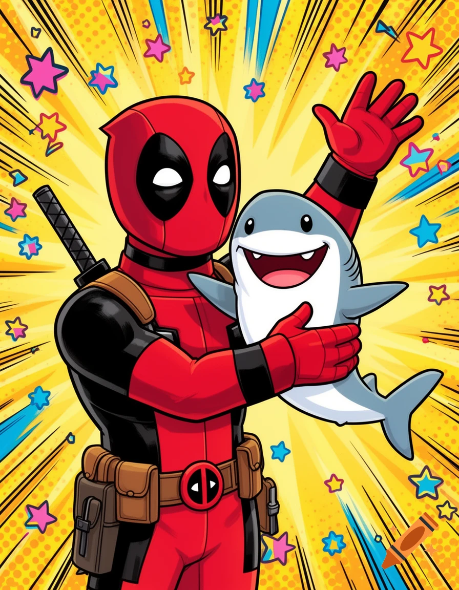 Cartoon illustration of a happy Deadpool holding a cute, smiling Jeff the land shark, waving against a star-filled comic burst background.
