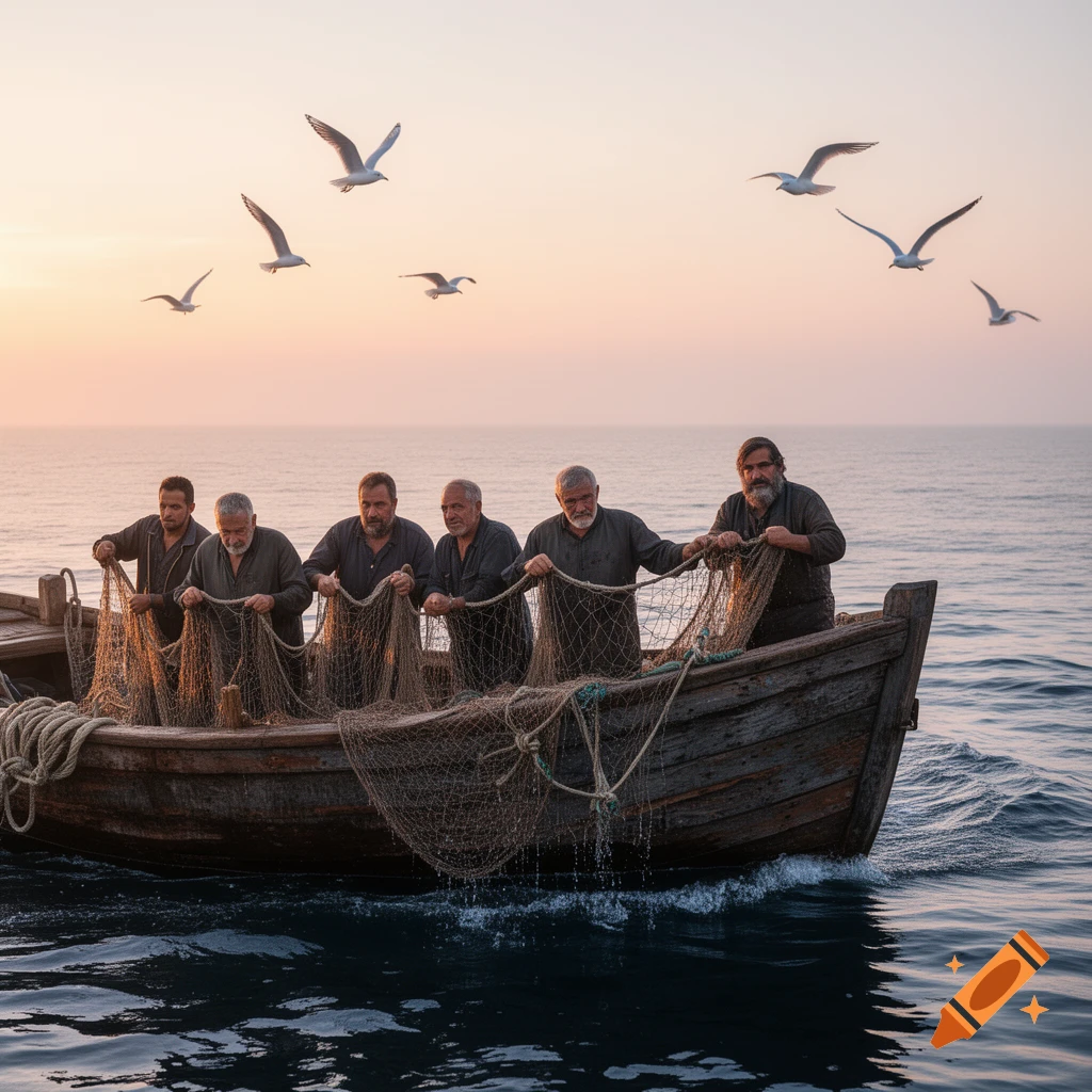 Six men on a wooden boat pull fishing nets at sunrise, with seagulls flying over the calm sea. Photorealistic.