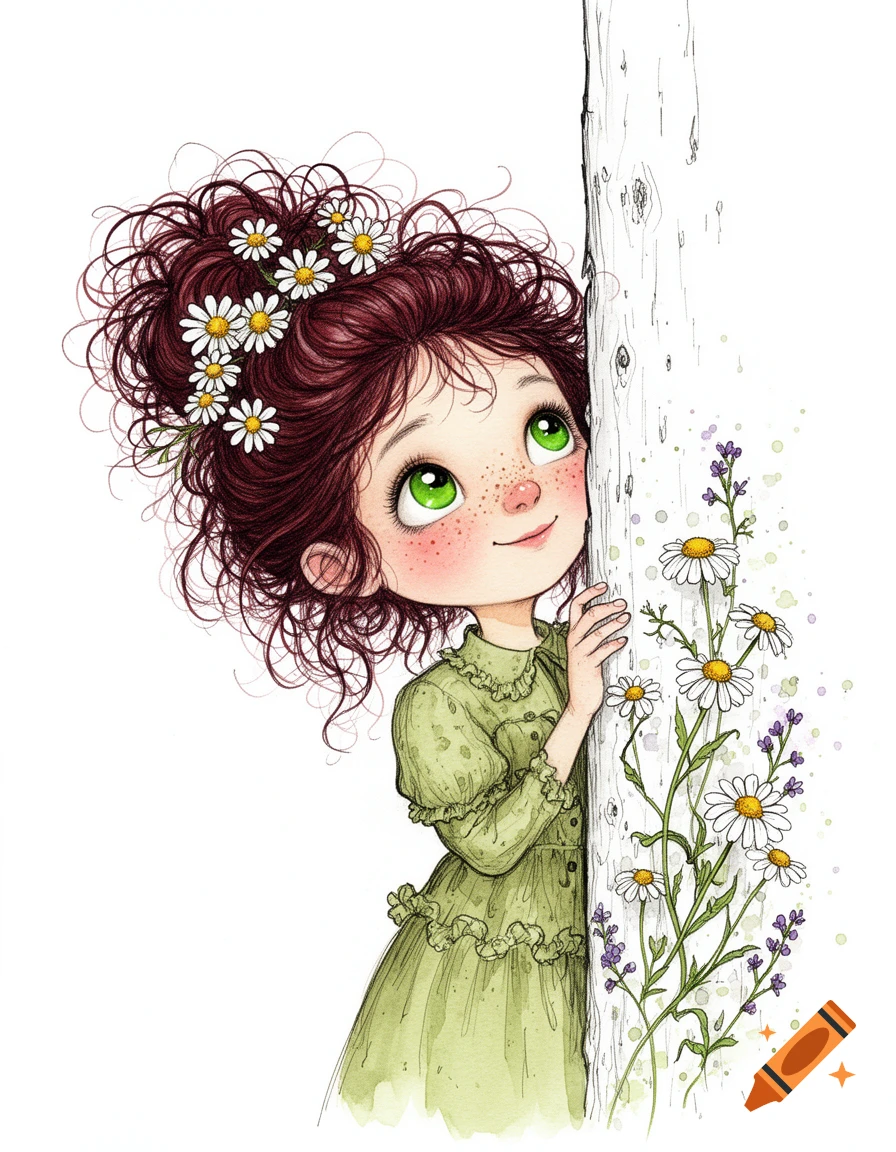 A whimsical watercolor illustration of a cute little girl with messy red hair and daisies peeking from behind a rustic wall adorned with flowers.