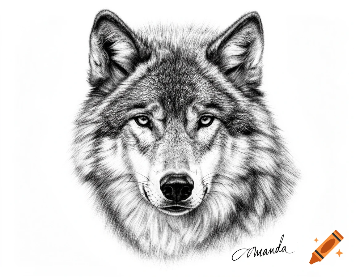 Meticulously detailed pencil drawing of a wolf's head with an intense gaze and rugged fur texture.