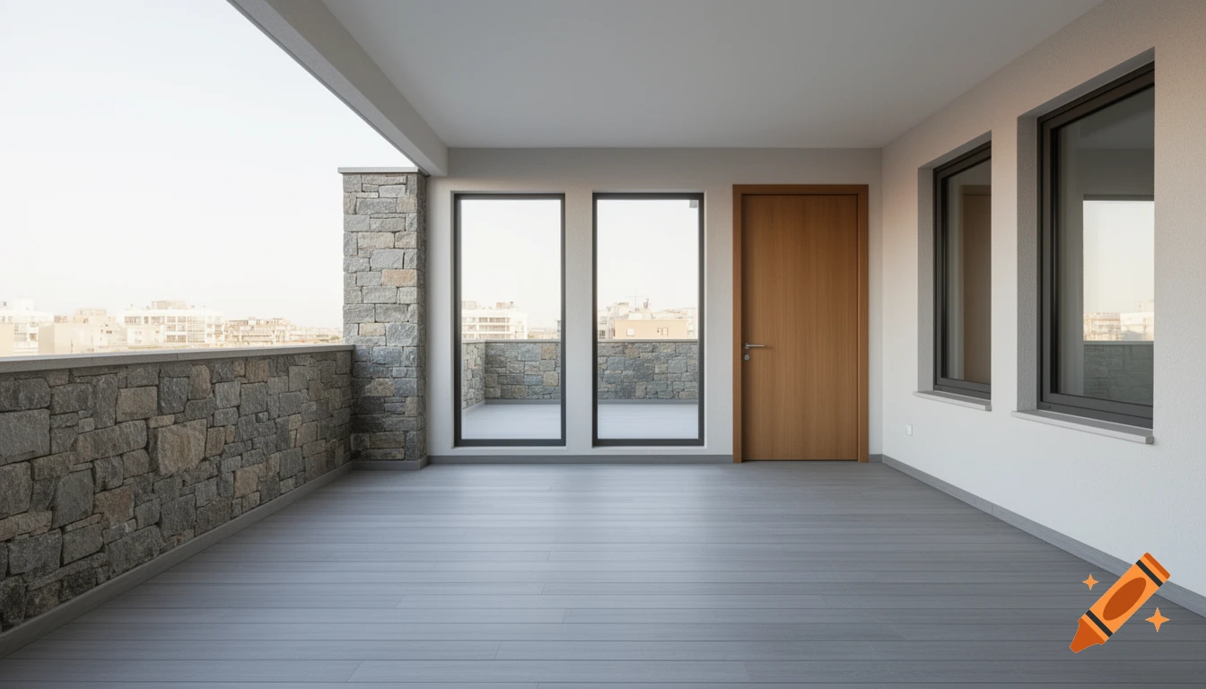 A modern, empty outdoor terrace or balcony with gray wood-plank flooring, a stone wall on the left, and a wooden door with windows on the right.