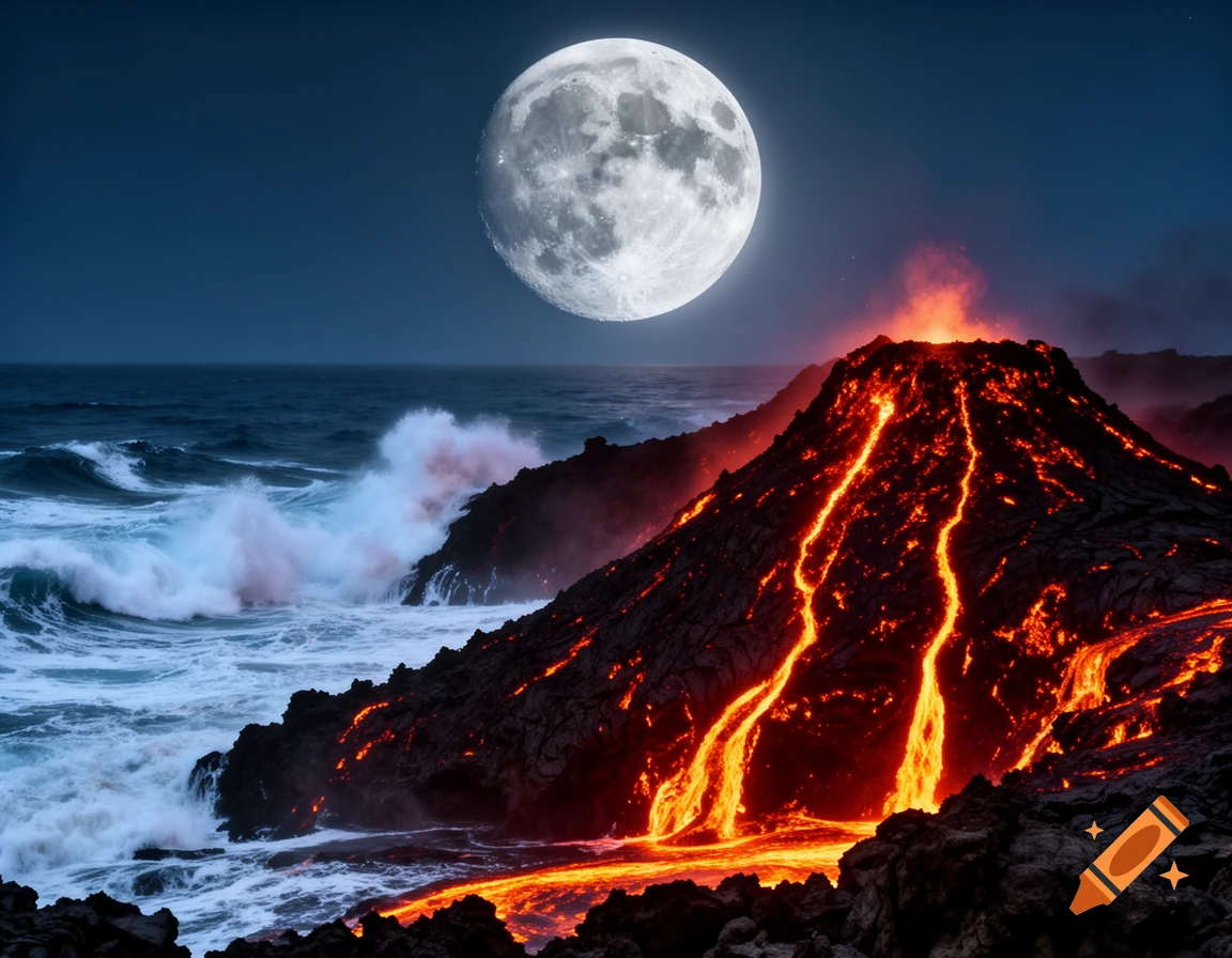 A photorealistic night landscape showing a volcanic eruption with glowing lava flowing into a turbulent ocean, under a large full moon.