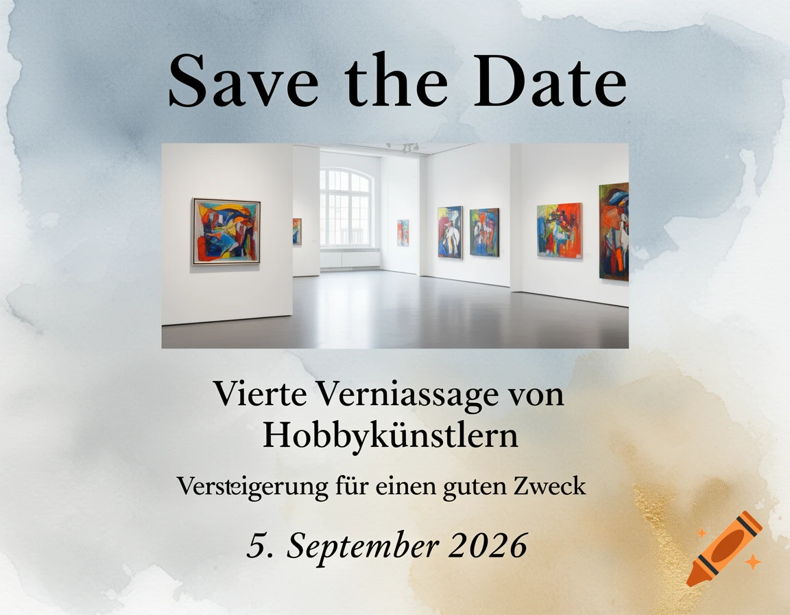 Save the Date card featuring an art gallery with abstract paintings, a watercolor background, and German text for an art vernissage on Sep 5, 2026.
