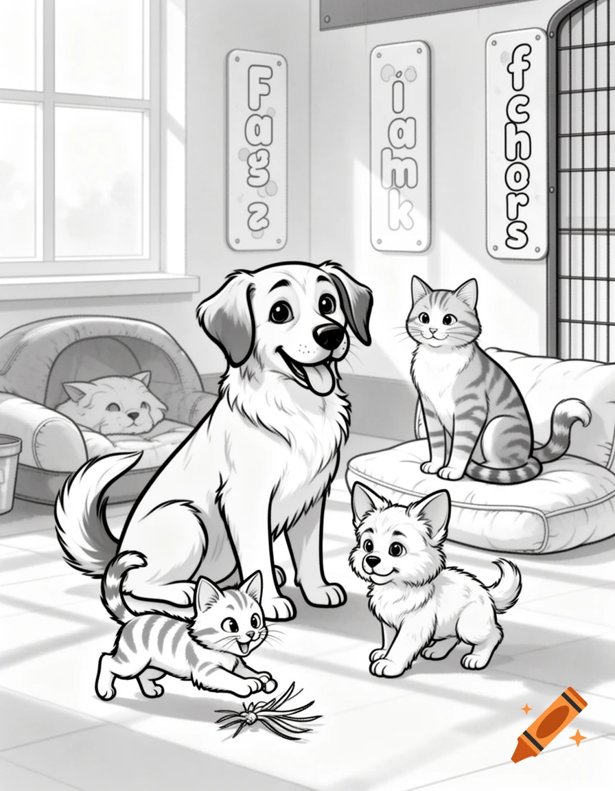 A black and white line art image of an animal shelter with a happy dog, a cat, a playful kitten, and a puppy. Three signs on the back wall contain garbled text.