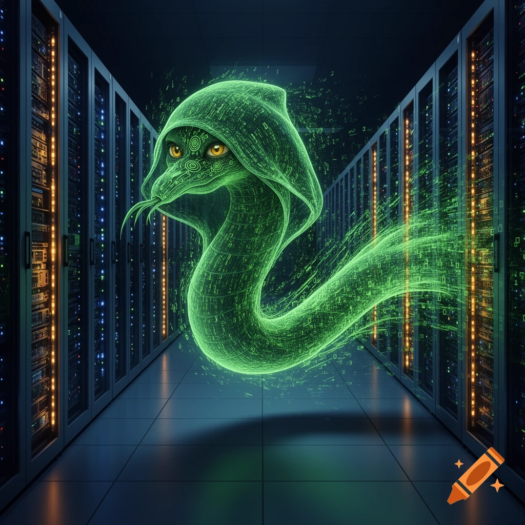 A glowing green, hooded, snake-like digital creature with binary code trails in a dark server room.
