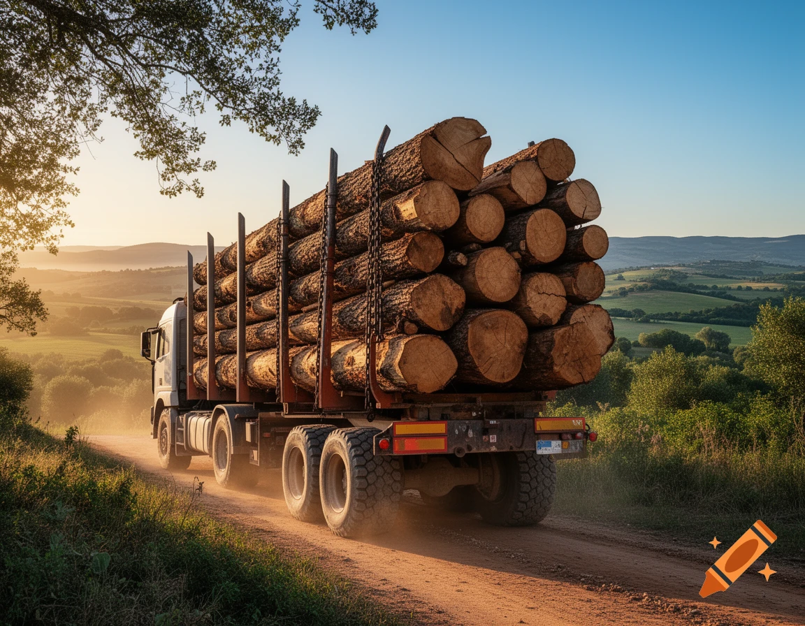 A logging truck drives on a dusty dirt road at sunset, laden with timber, through a rural landscape with hills and trees.