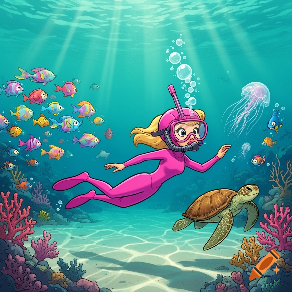 A cartoon girl in a pink wetsuit and snorkel swims underwater with a sea turtle, colorful fish, and jellyfish amidst coral.