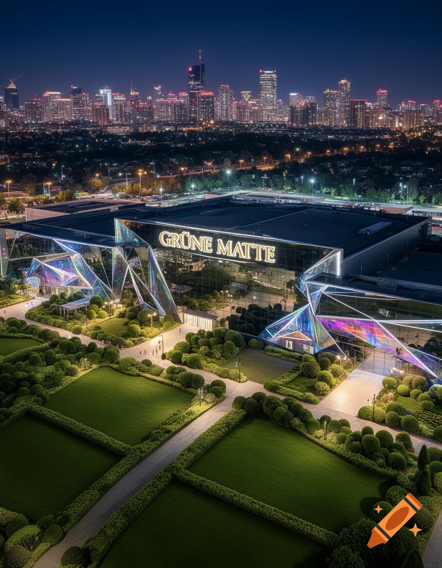 Aerial night view of a modern building with geometric glass facades and manicured green lawns, set against a glowing city skyline.