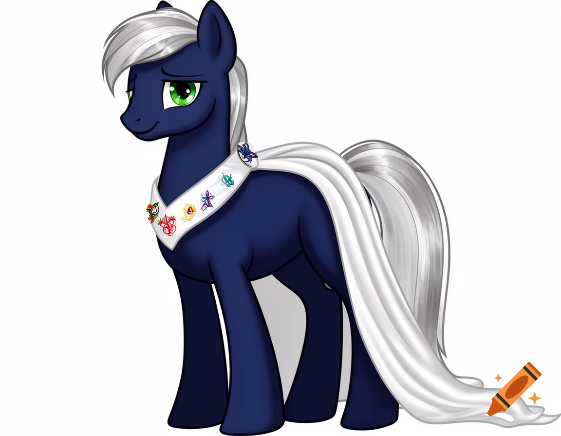 A midnight blue My Little Pony stallion with a silver mane and emerald eyes, wearing a white cape with colorful symbols, in a 2D cartoon style.