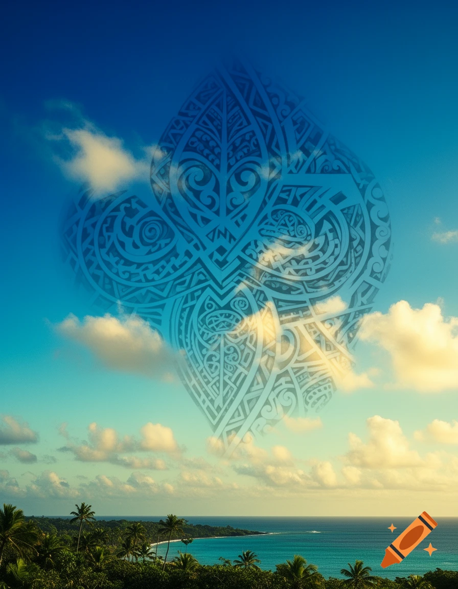 Tropical coastal landscape with a large, translucent blue Cook Island tribal tattoo design floating in the sky above.