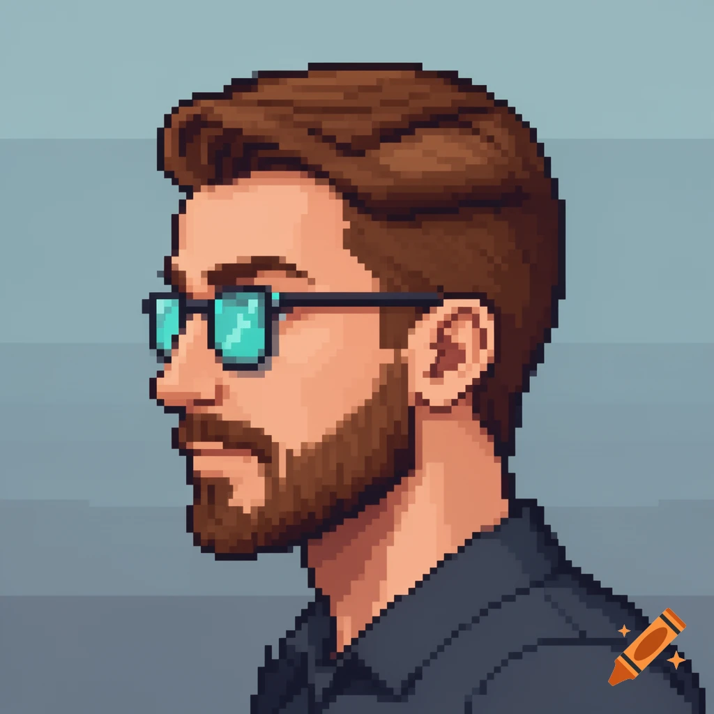 A pixel art profile picture of a man with brown hair, glasses, and a short beard and mustache, looking left.