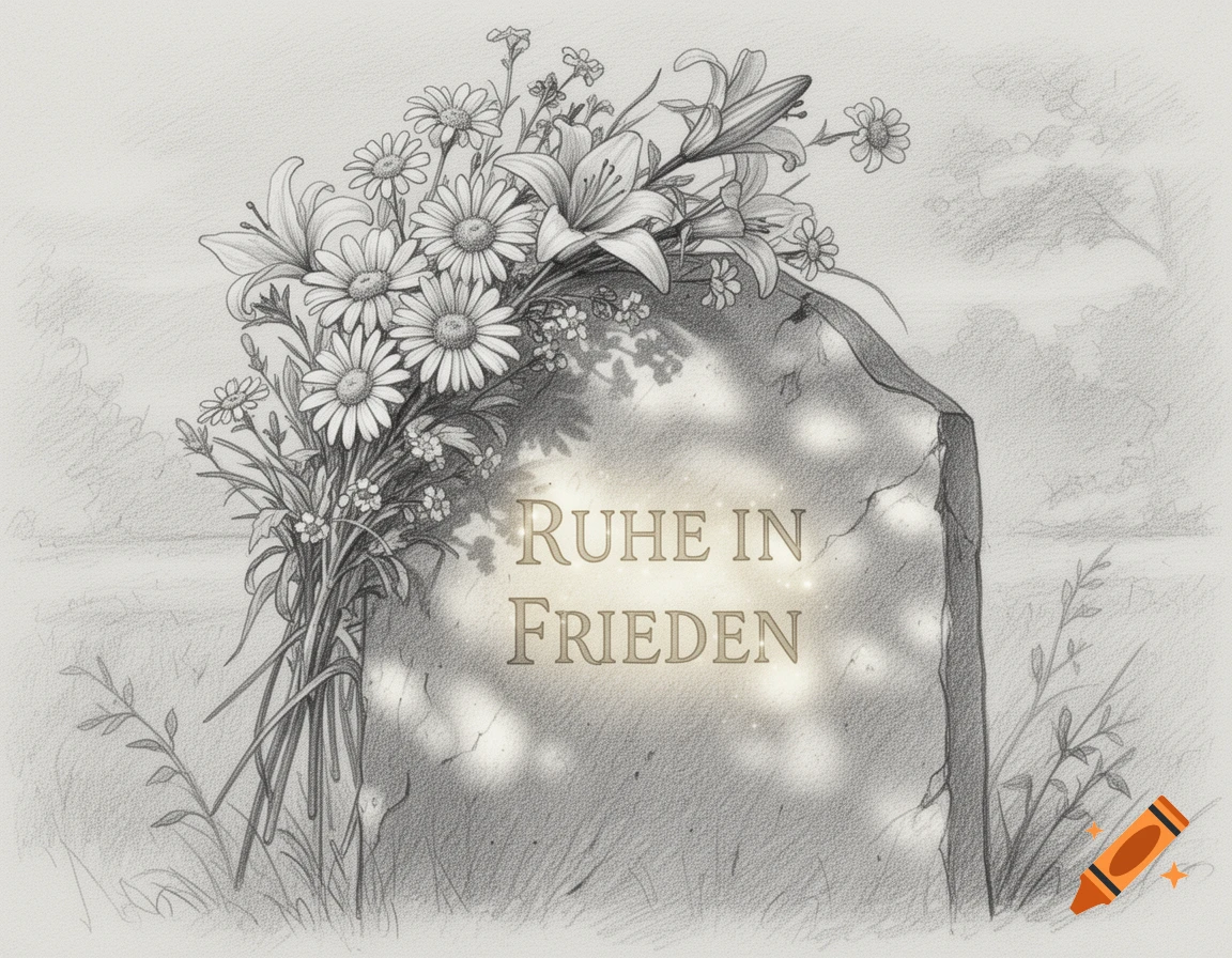 A monochrome sketch of a tombstone adorned with daisies and lilies, engraved with glowing 'RUHE IN FRIEDEN' text.