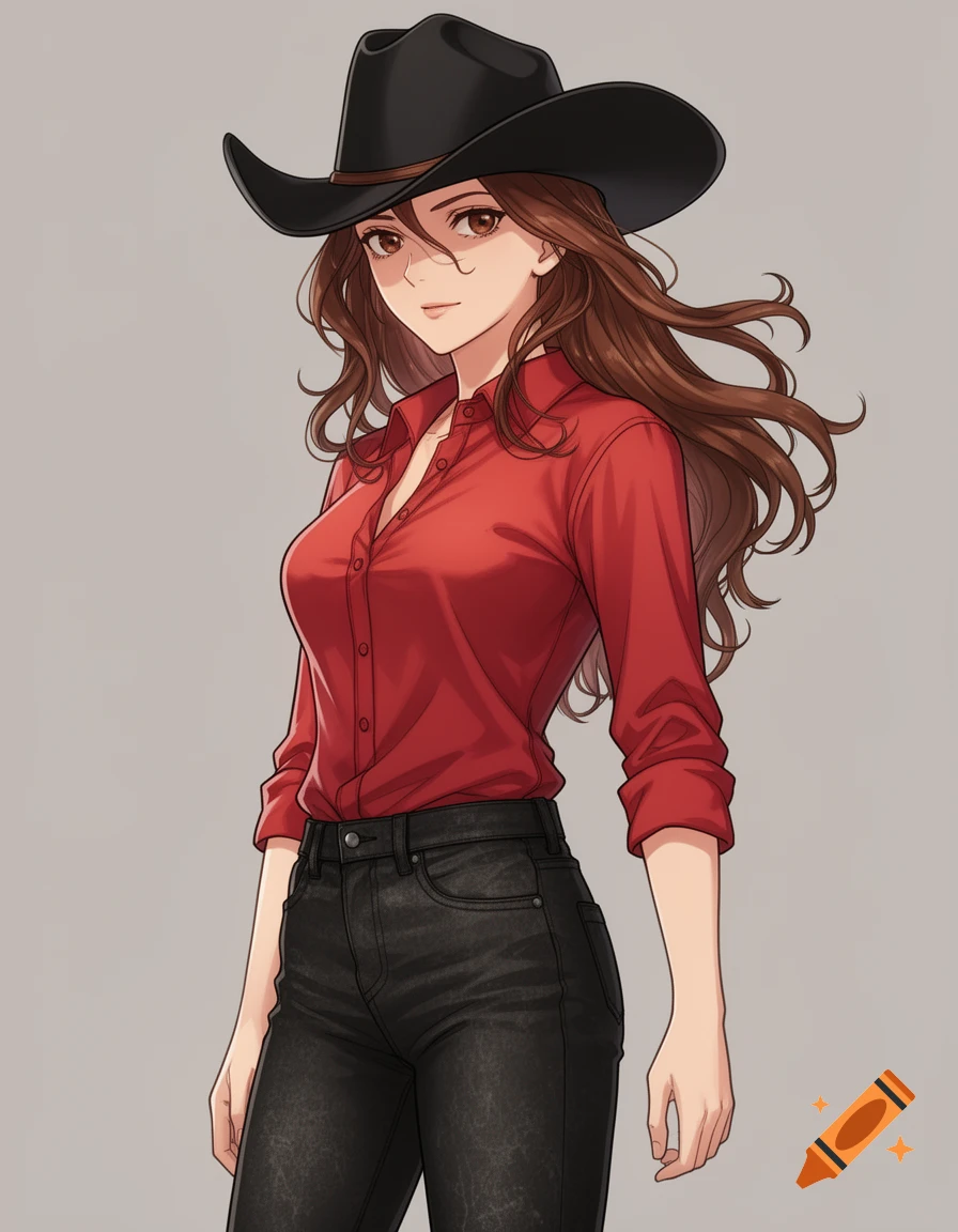 Anime-style woman with long brown hair, wearing a red shirt, black jeans, and a black cowboy hat.