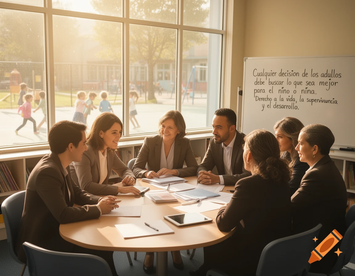Photorealistic image of adults in a meeting room with children playing outside visible through large windows.