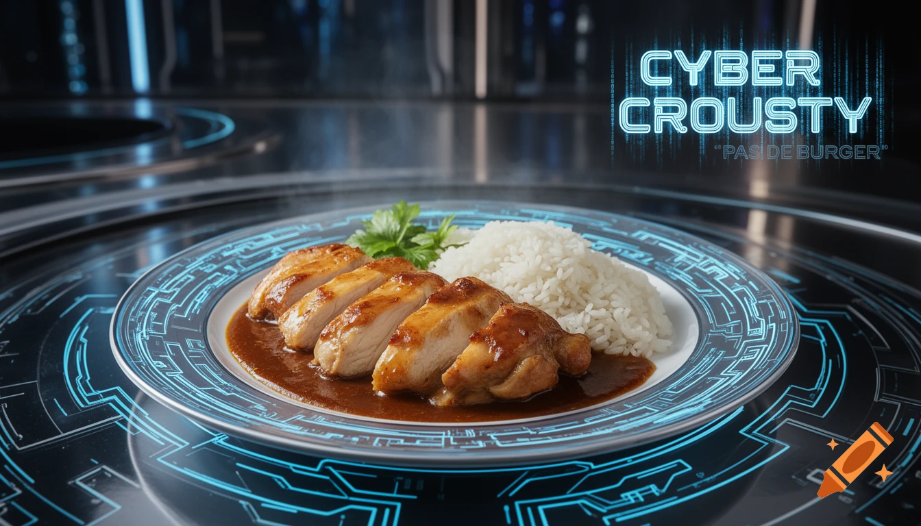 Sliced chicken and rice with sauce on a futuristic plate with glowing blue circuits, under neon text 'CYBER CROUSTY'.