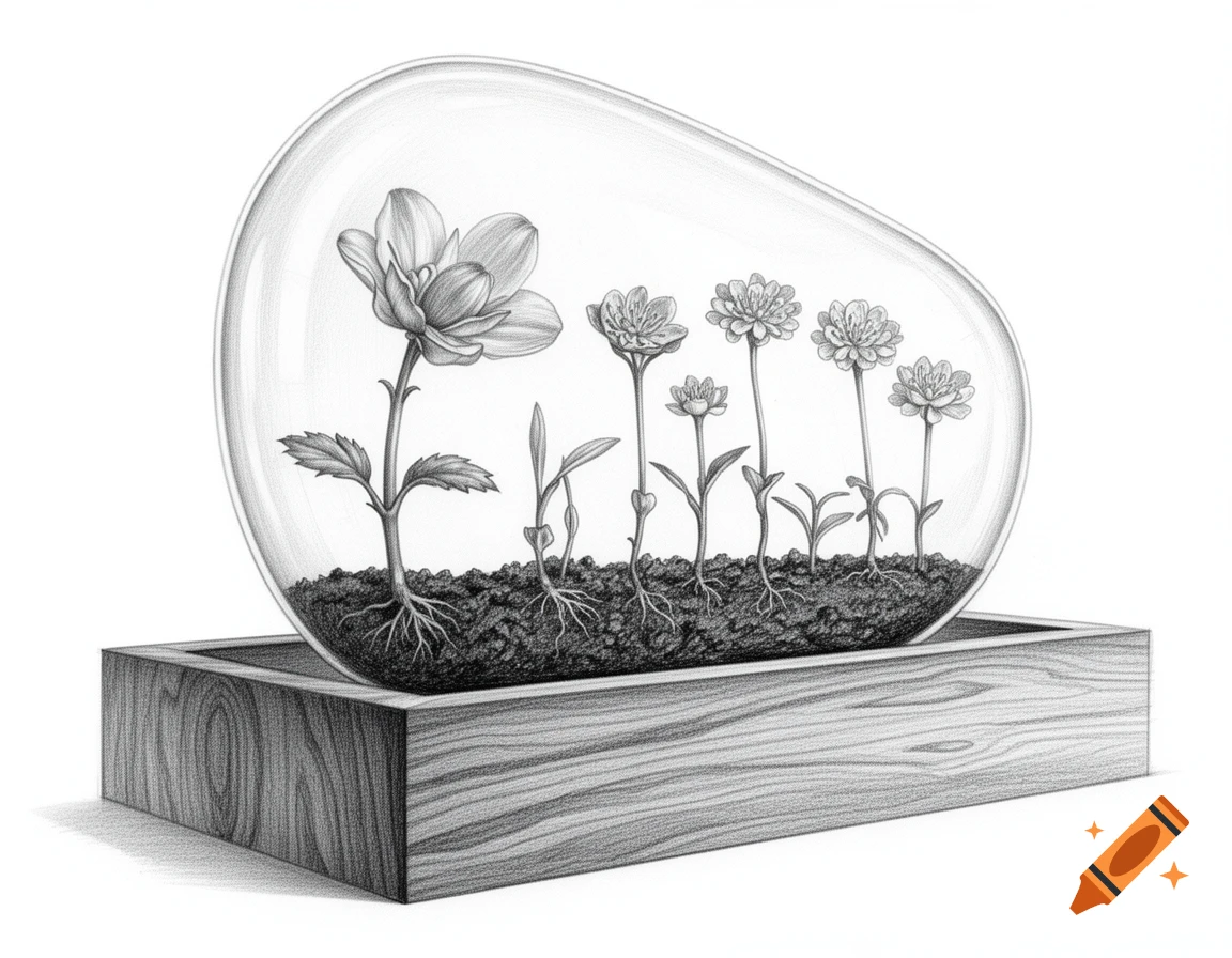 Pencil drawing showing plant growth stages in a glass dome terrarium on a wooden base.