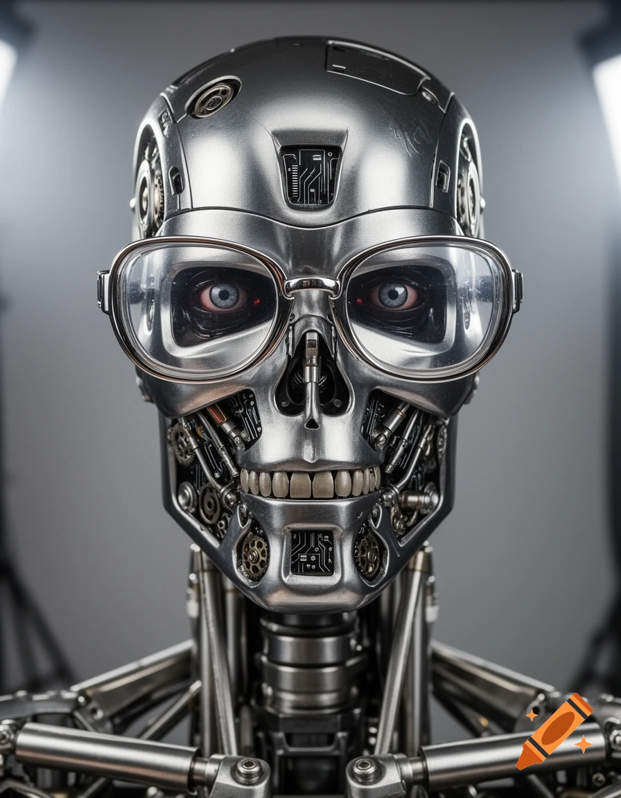 Close-up of a metallic silver robot head with visible mechanics, wearing large, clear, thick-rimmed glasses, with glowing eyes.