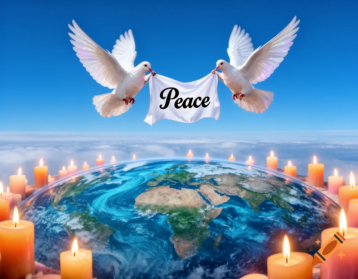 Two white doves hold a 'Peace' banner above Earth, surrounded by many lit candles, against a blue sky.