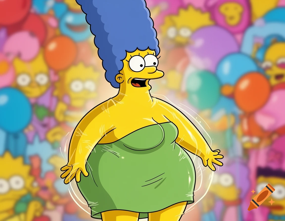 Marge Simpson from The Simpsons cartoon, with her body hugely inflated like a balloon and her mouth open in surprise, against a blurry background of other cartoon characters and balloons.
