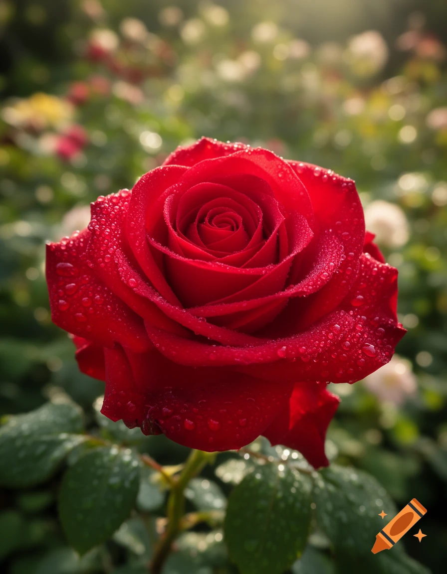 Close-up of a vibrant red rose covered in dew drops, with a soft, sunlit garden background. Photorealistic.