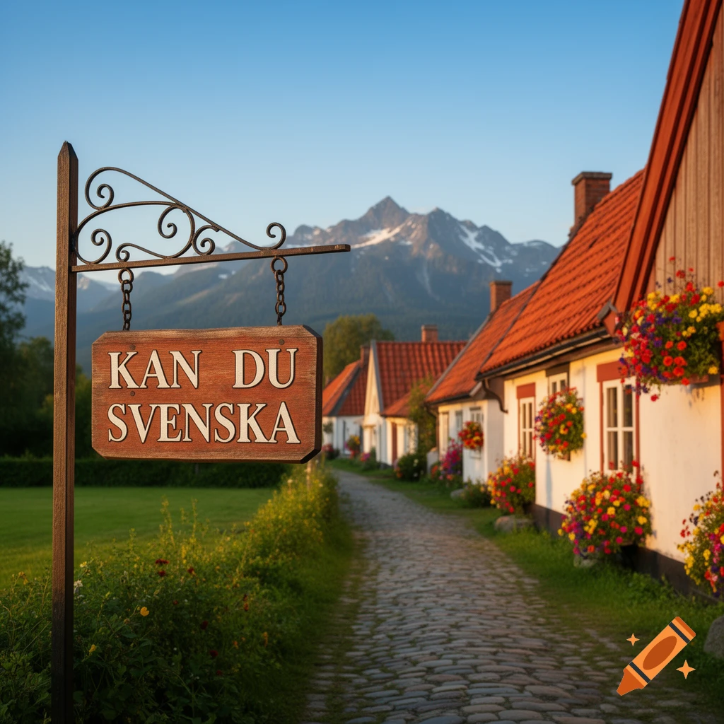 A rustic sign with 'KAN DU SVENSKA' stands by a cobblestone path lined with flowers, leading past red-roofed cottages with snowy mountains in the distance.
