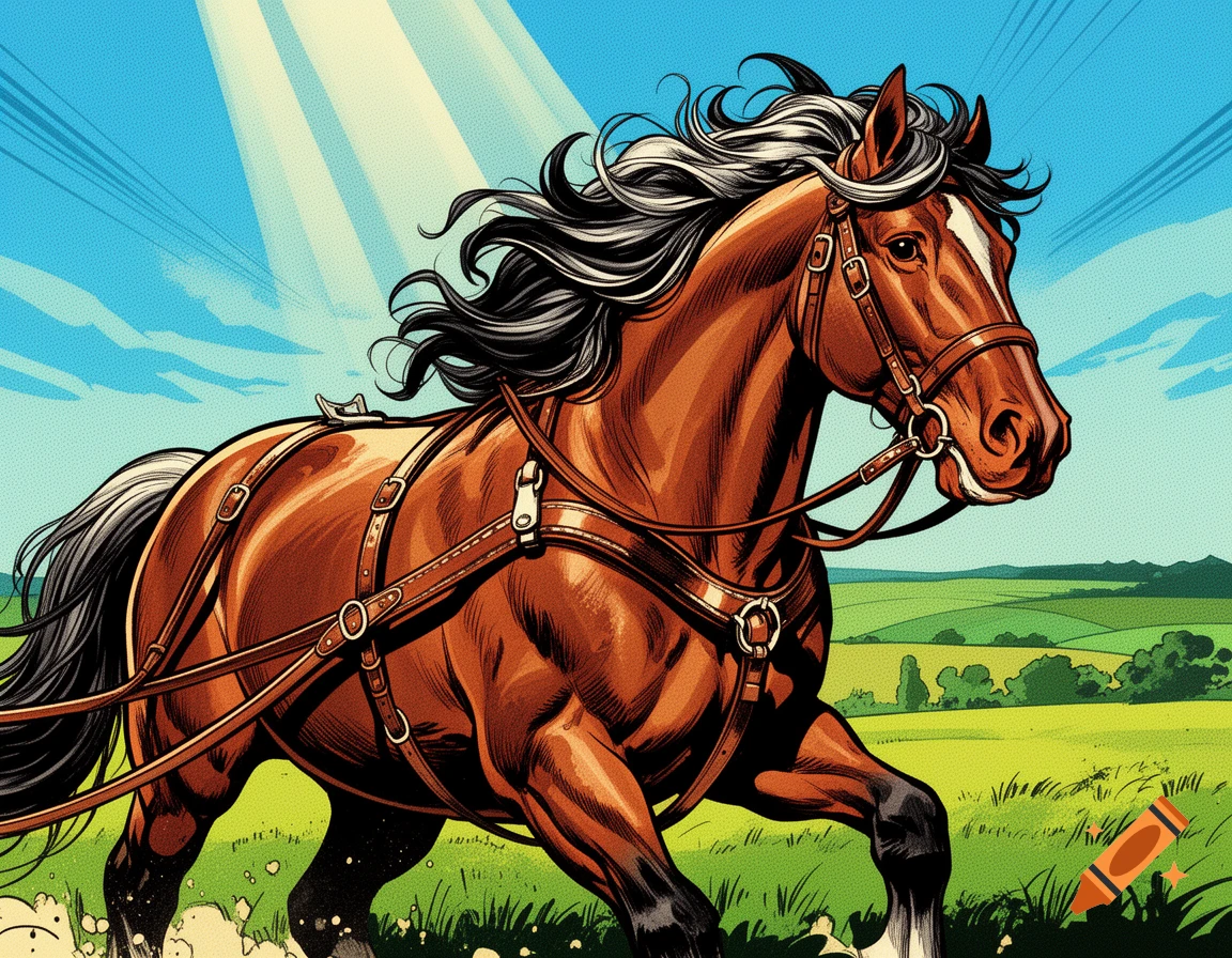 A brown horse with a black and white mane and tail, wearing a harness, gallops through a sunny green field in a vibrant comic book art style.